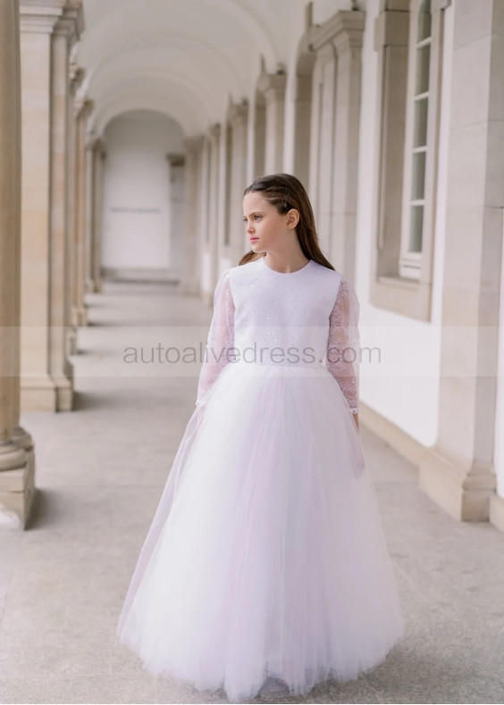 Long Sleeves White Lace Tulle Chic Flower Girl Dress